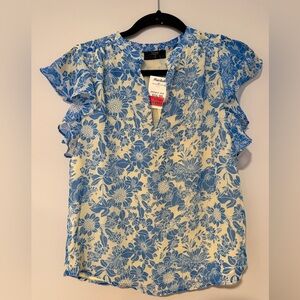 Tahari Blue Floral V Neck Sleeveless Flutter Sleeve Top NWT New Flower XS